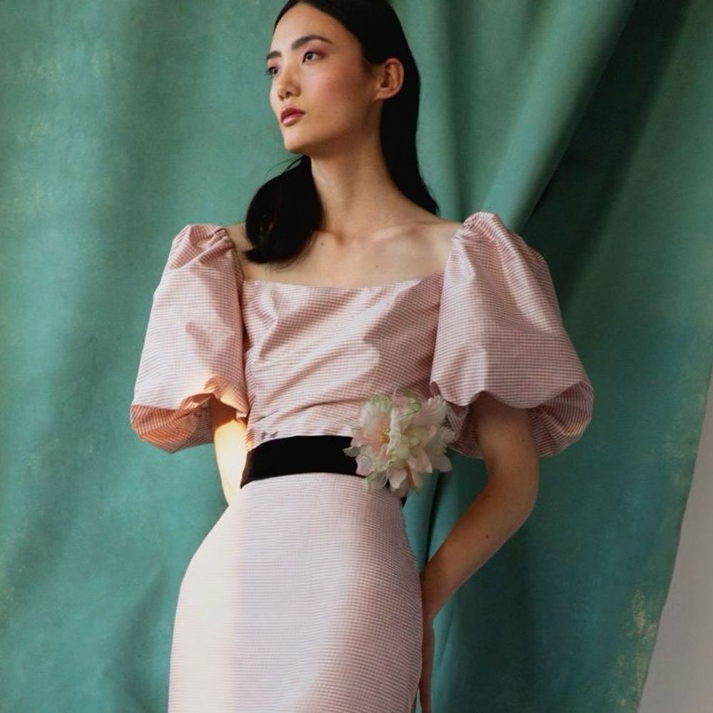 MARKARIAN Mrytle Blush Gingham Silk Puff Sleeve Top